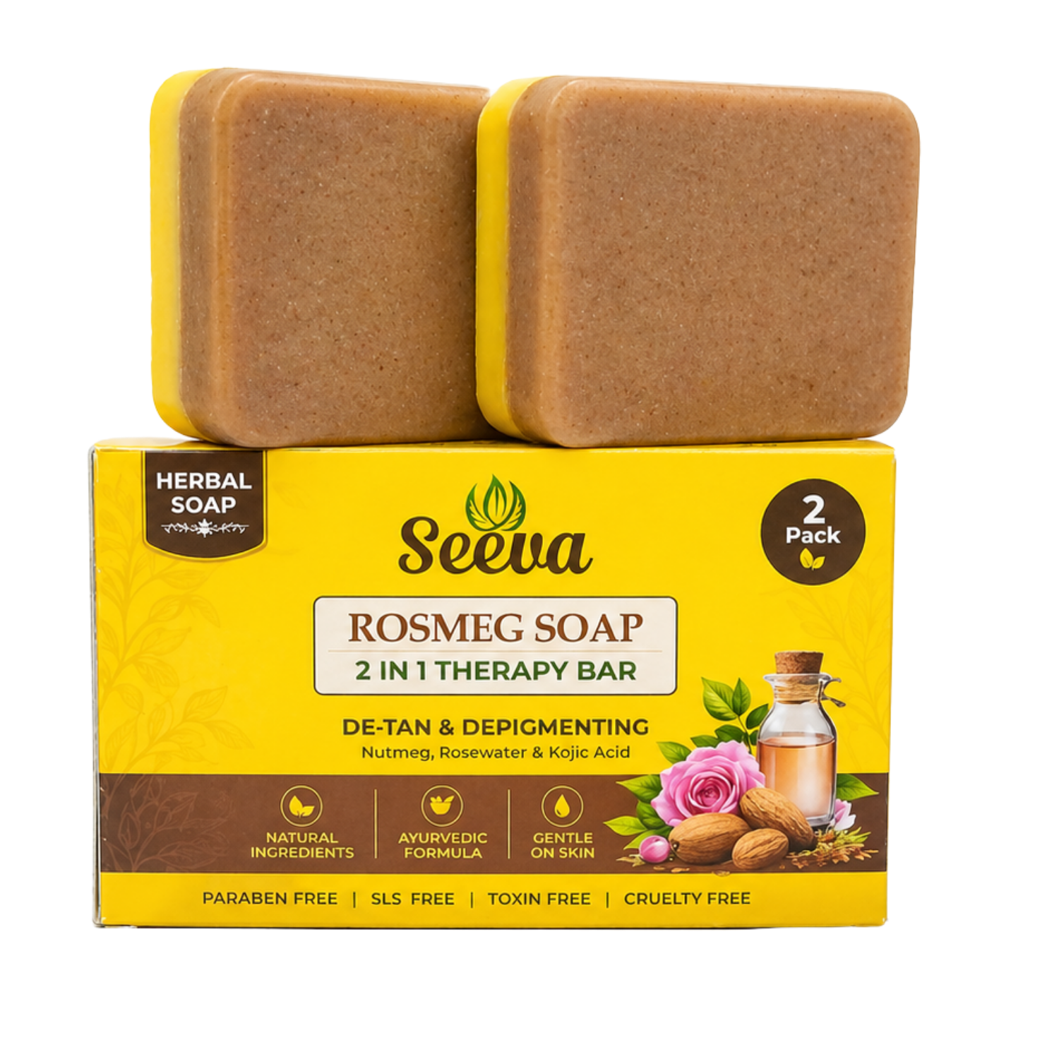 Seeva ROSMEG TAN + Pigmentation removal| 2 in 1 Skin Therapy Bar | Reduces Dark Spot | Nutmeg, Rose water, Kojic Acid, Turmeric Oil, Butyrospermum Parkii (Shea) Butter, Glycerin, Propylene Glycol, Sodium Stearate, Aqua | Suitable for All Skin Types | For Men & Women ( 200 Grams Pack of 2)