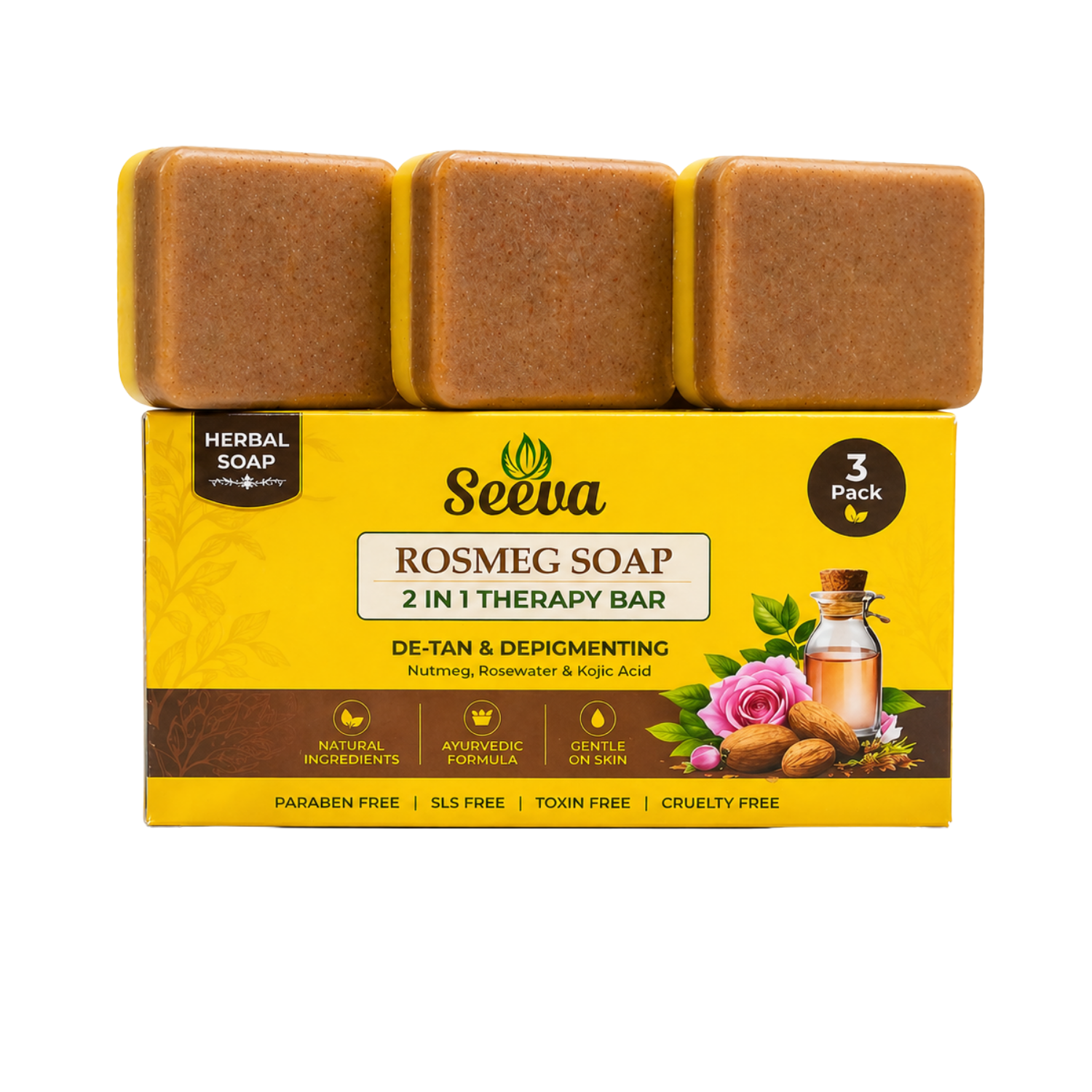 Seeva ROSMEG TAN + Pigmentation removal| 2 in 1 Skin Therapy Bar | Reduces Dark Spot | Nutmeg, Rose water, Kojic Acid, Turmeric Oil, Butyrospermum Parkii (Shea) Butter, Glycerin, Propylene Glycol, Sodium Stearate, Aqua | Suitable for All Skin Types | For Men & Women ( 300 Grams Pack of 3)