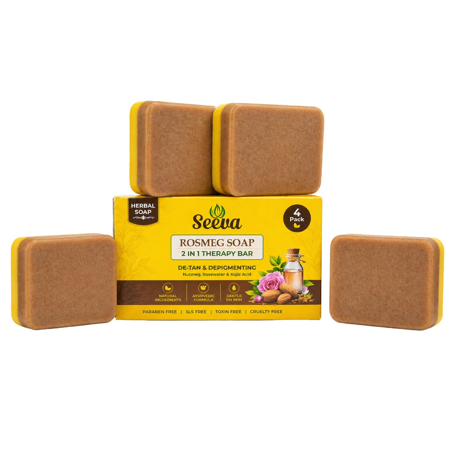 Seeva ROSMEG TAN + Pigmentation removal| 2 in 1 Skin Therapy Bar | Reduces Dark Spot | Nutmeg, Rose water, Kojic Acid, Turmeric Oil, Butyrospermum Parkii (Shea) Butter, Glycerin, Propylene Glycol, Sodium Stearate, Aqua | Suitable for All Skin Types | For Men & Women ( 400 Grams Pack of 4)