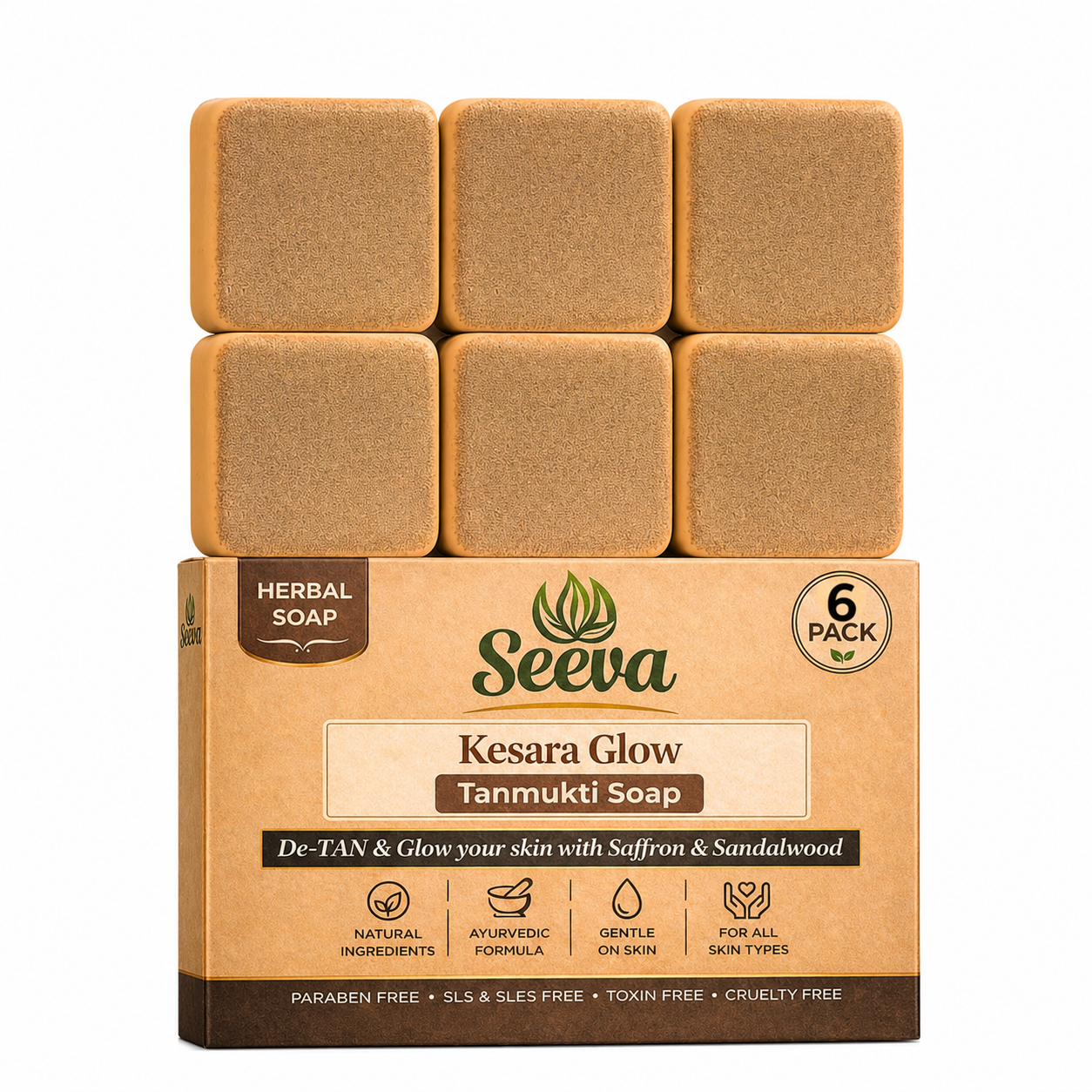 Seeva KESARA GLOW Tanmukti Soap, De Tan & Skin Glow Herbal Soap, Natural Tan Removal, Brightening Soap For Men & Women (600 Grams - Pack of 6)