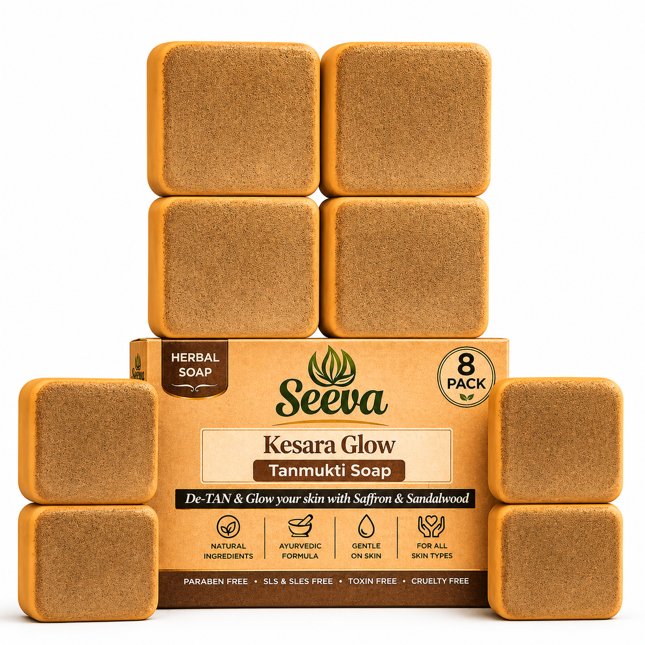Seeva KESARA GLOW Tanmukti Soap, De Tan & Skin Glow Herbal Soap, Natural Tan Removal, Brightening Soap For Men & Women (800 Grams - Pack of 8)