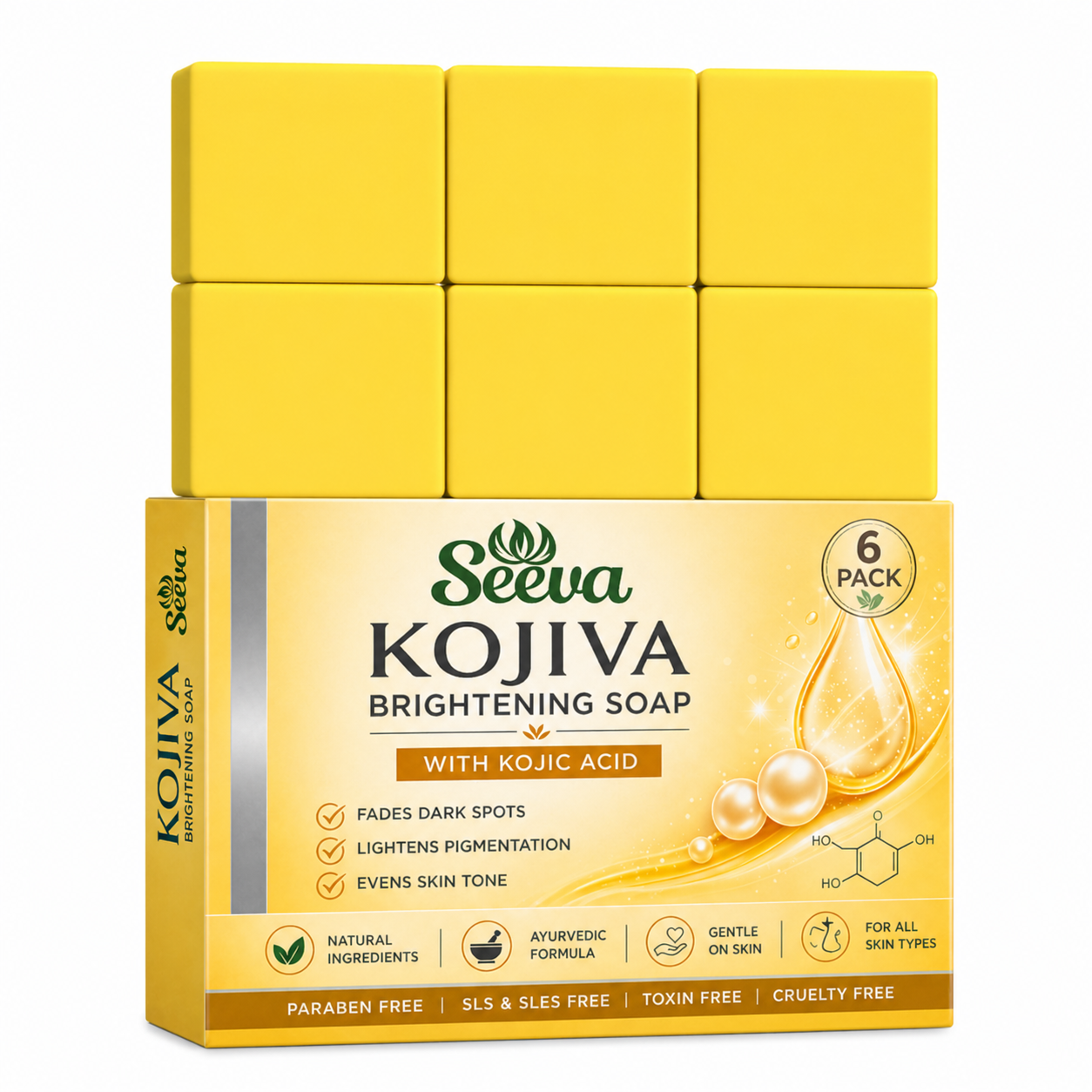 Seeva KOJIVA Kojic Acid Brightening Soap for Pigmentation, Reduces Dark Spot, For Men & Women (600 Grams - Pack of 6)