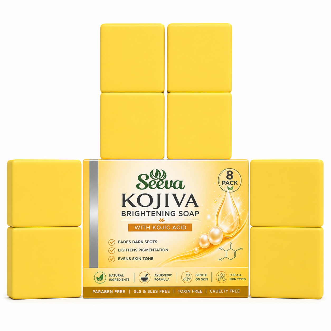 Seeva KOJIVA Kojic Acid Brightening Soap for Pigmentation, Reduces Dark Spot, For Men & Women (800 Grams - Pack of 8)