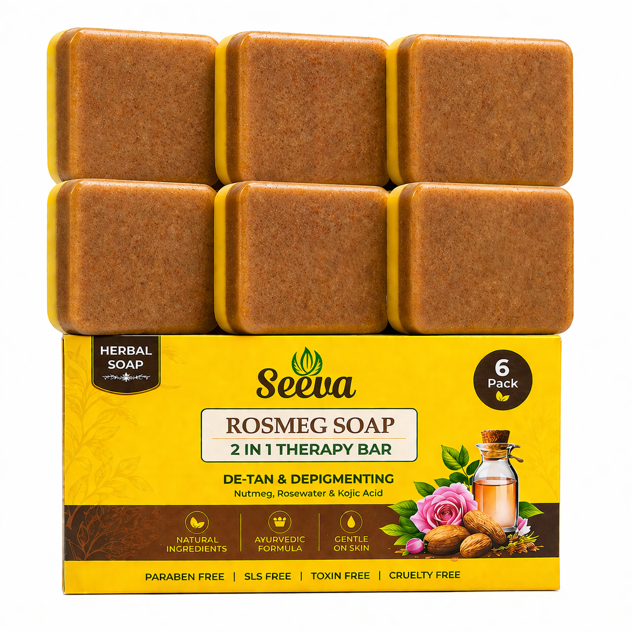 Seeva ROSMEG TAN and Pigmentation removal, 2 in 1 Skin Therapy Bar, Reduces Dark Spot, For Men & Women ( 600 Grams Pack of 6)